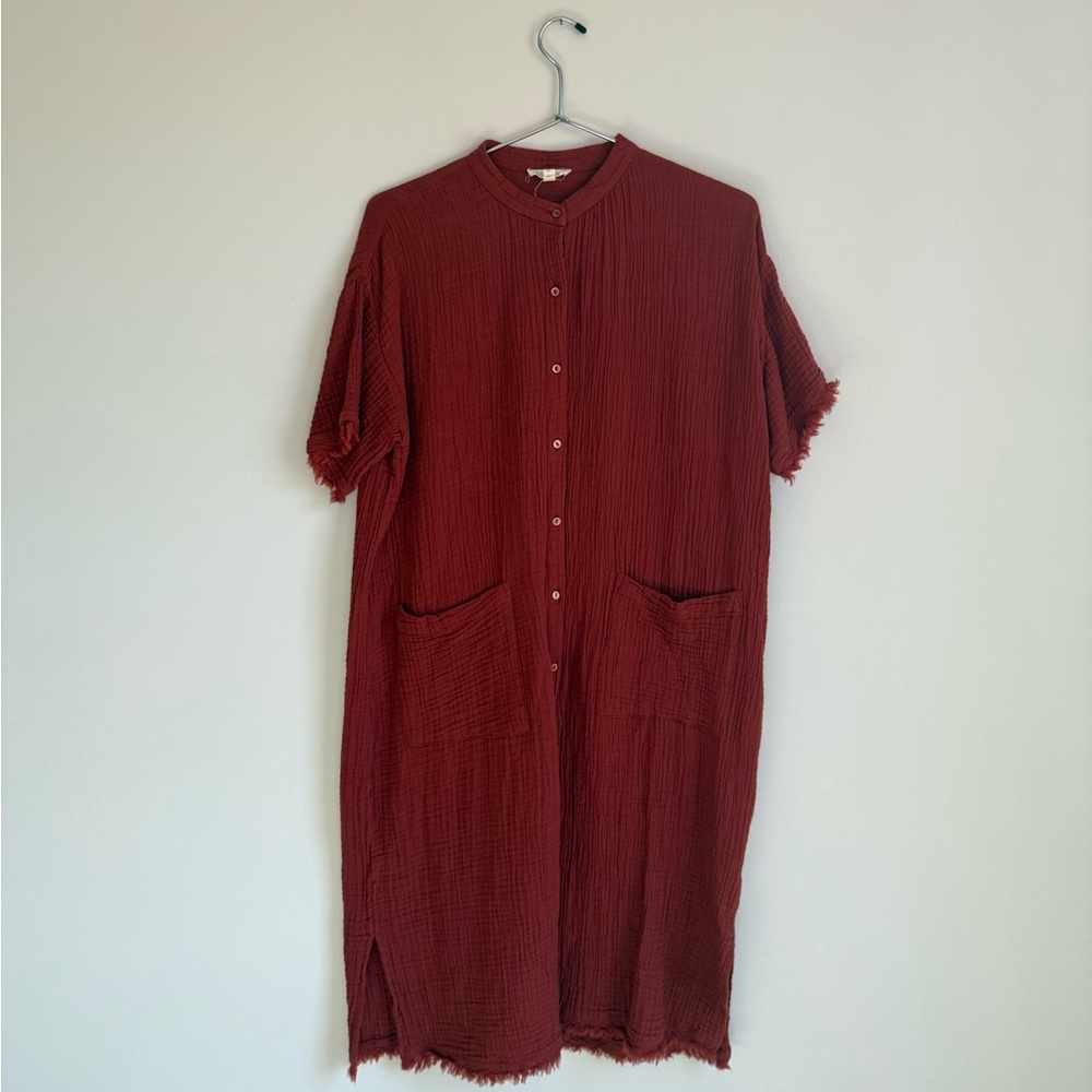EILEEN FISHER ORGANIC COTTON GAUZE MANDARIN COLLAR DRESS COPPER RUST SMALL NWOT